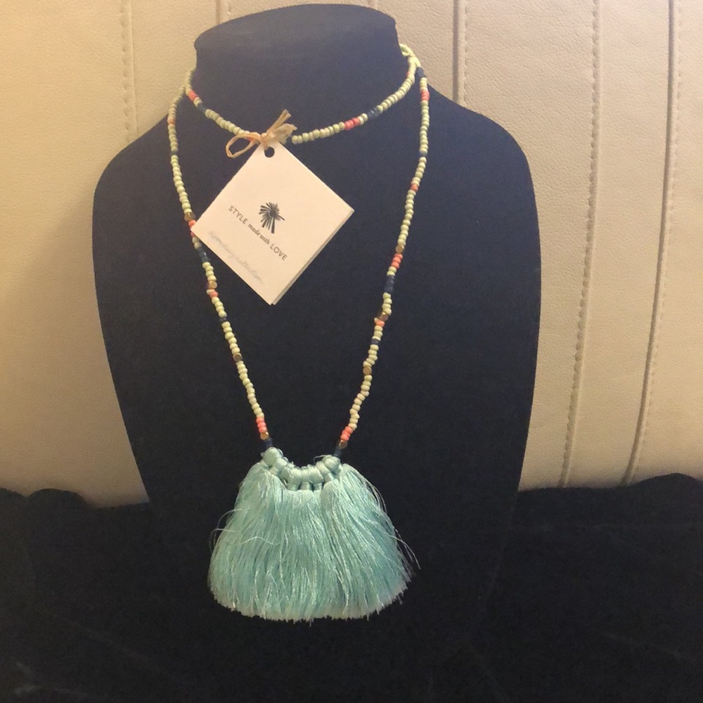 Noonday Collection Blue/Peach/Green Beaded Tassal Bohemian Necklace